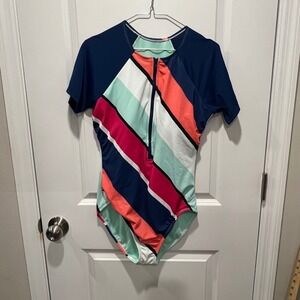 Avia Girls One Piece Swimsuit Rainbow Stripe Short Sleeve Zip Front Size L 12 14